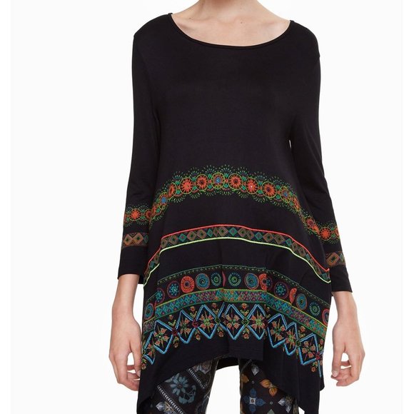 Desigual Aleia T-Shirt Size XS Tunic Top Black Multicolor Boho Ethnic Aztec - Picture 1 of 13